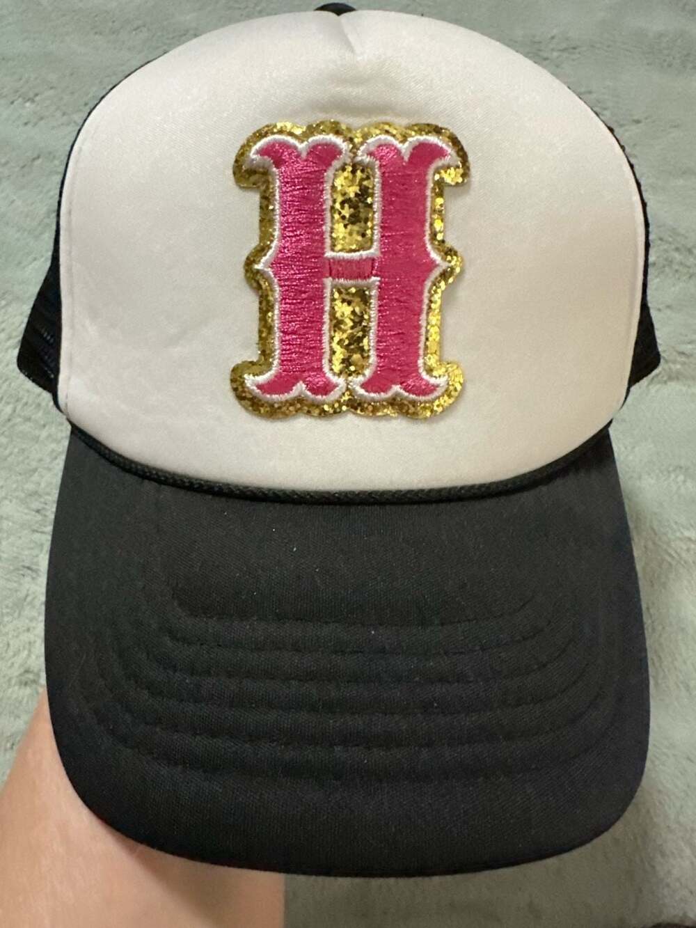 DALIX H-088 Black and White Trucker Hat with Glitter Pink Letter H Patch